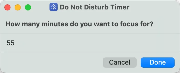 Start screen of the pomodoro timer shortcut
